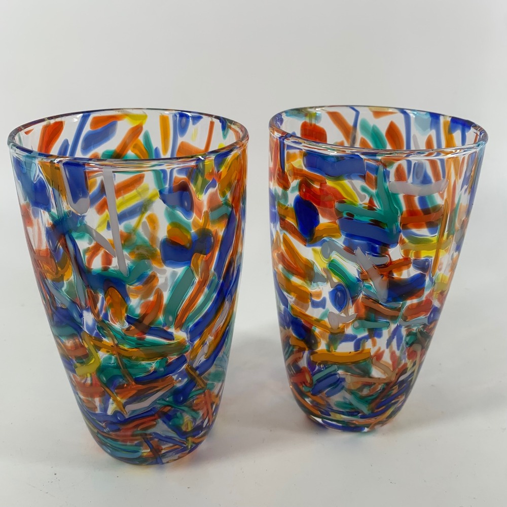 Pier 1 Confetti Tumbler Glass Set of 2 Multi Colored Drinking Glasses 6"